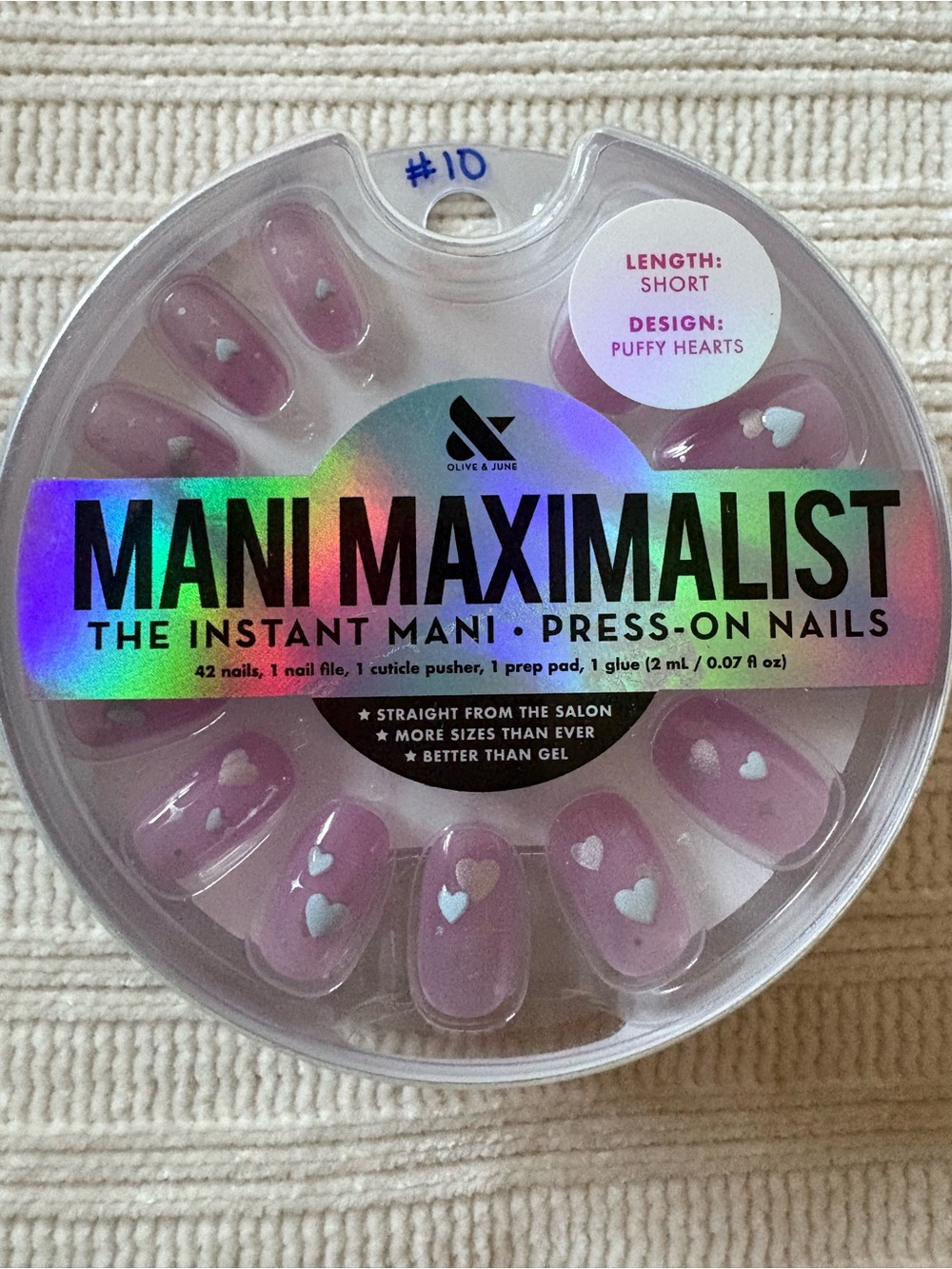 New Olive & June Mani Maximalist Press-On Nails - pink with White Puffy Heart